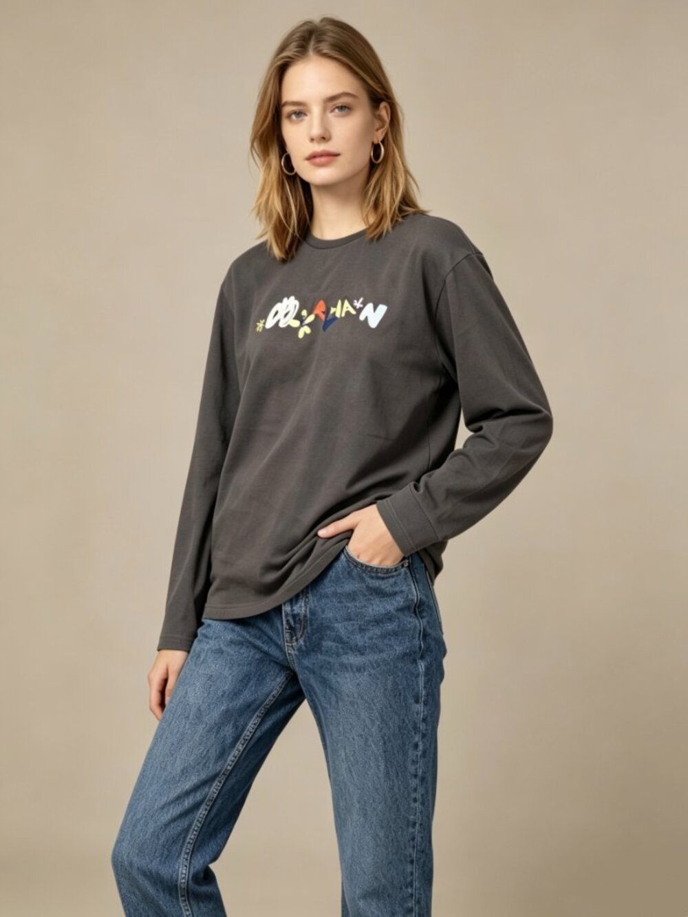 Herlian Cotton Embroidered Pullover Sweatshirt Top Long-sleeved T-shirt Size M